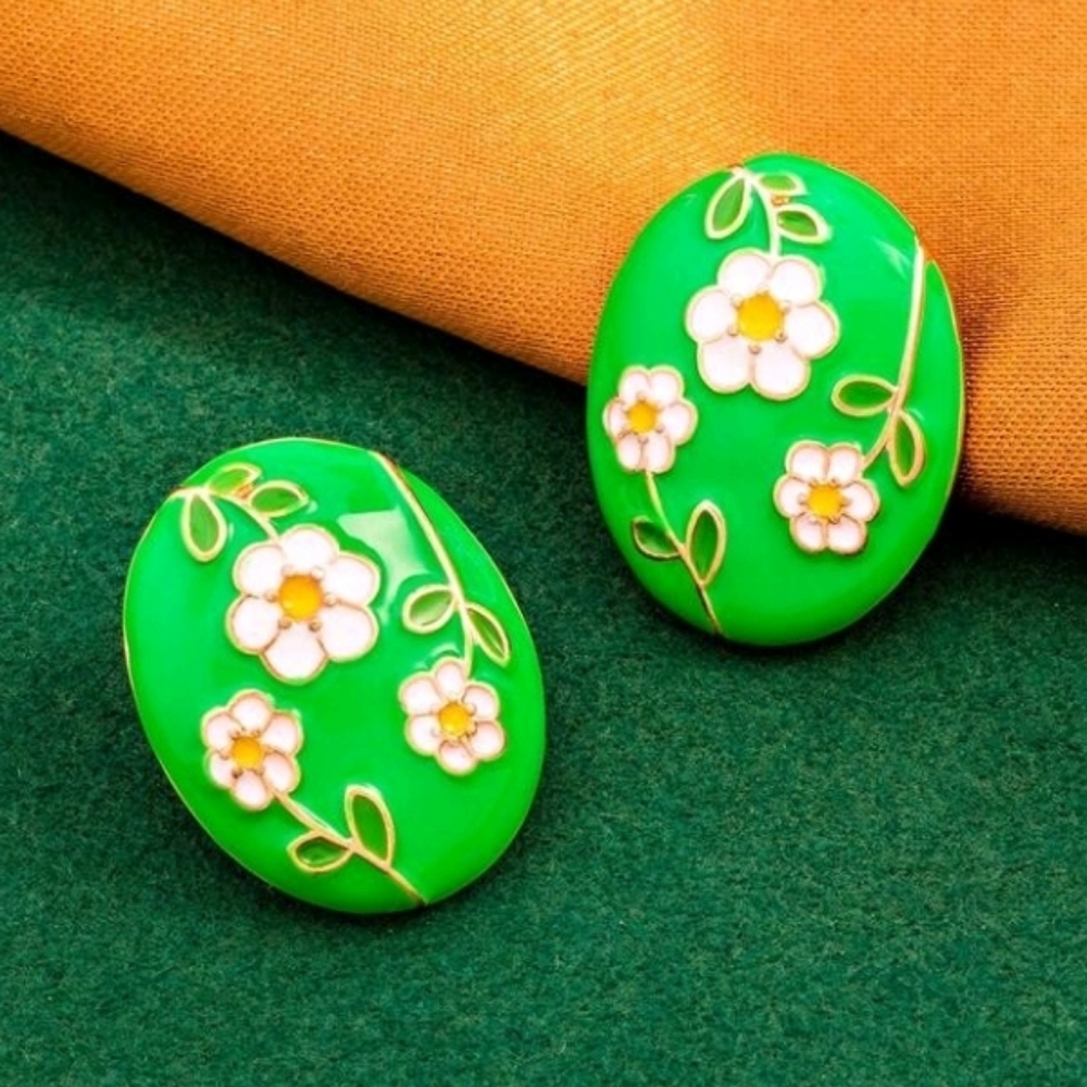 NEW! 14K Gold Plated Retro Floral Green Enamel Post Earrings